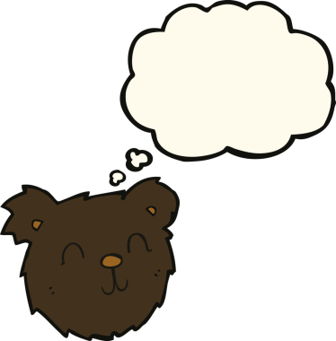 Bir insan tarafından çizilmiş düşünce baloncuklu mutlu siyah ayı yüzü.