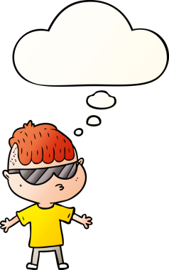 Düşünce baloncuklu güneş gözlüğü takan çizgi film çocuğu bir insan tarafından çizildi.