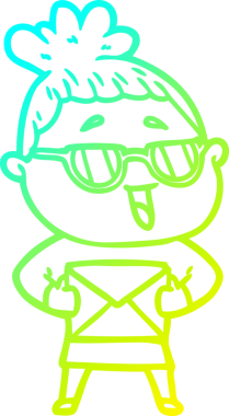 Bir insan tarafından çizilmiş gözlük takan mutlu bir kadının çizgi film çizimi.