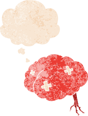 Düşünce baloncuğu ve grunge 'da yaralanmış beyin bir insan tarafından çizilmiş eskimiş doku.