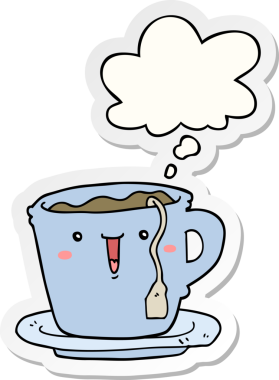 Güzel bir çizgi film fincanı ve insan tarafından çizilmiş bir çıkartma olarak düşünce baloncuğu olan bir fincan tabağı.