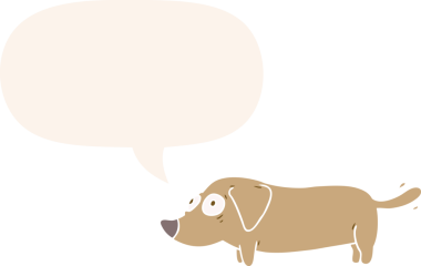 bir insan tarafından çizilmiş eski moda konuşma baloncuğu olan küçük bir köpek.