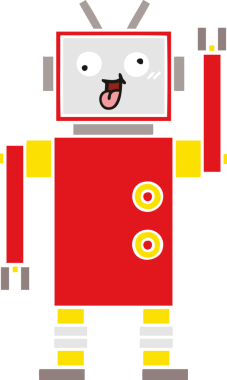 Bir insan tarafından çizilmiş çılgın bir robotun düz renkli retro karikatürü