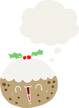 Düşünce baloncuklu tatlı çizgi film pudingi insan tarafından çizilmiş.