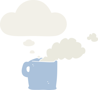 Düşünce baloncuklu sıcak kahve bir insan tarafından çizilmiş.