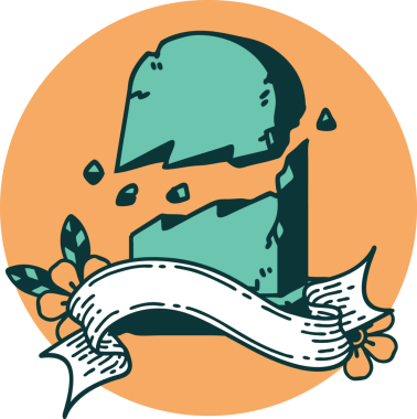 Bir insan tarafından çizilmiş kırık bir mezar taşının pankartıyla dövme stili simgesi