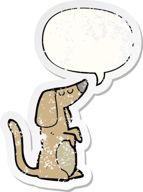 Konuşma baloncuğu olan çizgi film köpeği bir insan tarafından çizilmiş sıkıntılı eski bir çıkartma