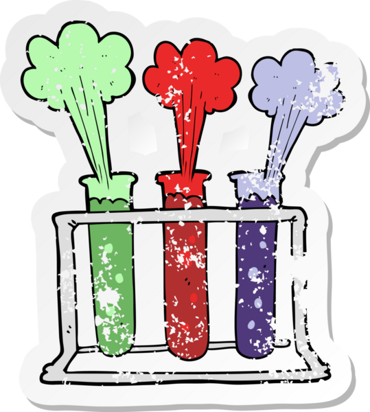 Bir insan tarafından çizilen test tüplerinin olduğu çizgi film etiketinin gerilemiş retro etiketi.