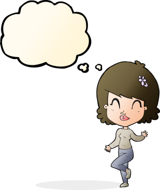 Bir insan tarafından çizilmiş düşünce baloncuğuyla dans eden güzel bir kadın.