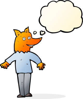 Bir insan tarafından çizilmiş düşünce balonlu mutlu tilki adam.