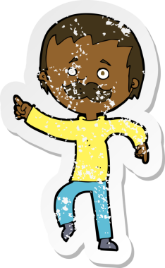 Bir insan tarafından çizilmiş bıyıklı bir çizgi film karakterinin gerilemiş retro yapıştırması.