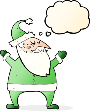 Bir insan tarafından çizilmiş düşünce baloncuklu Noel Baba çizgi filmi.