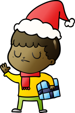 Bir insan tarafından çizilmiş Noel Baba şapkası giyen huysuz bir çocuğun el çizimi karikatürü.