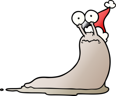 Bir insan tarafından çizilmiş Noel Baba şapkası giymiş bir sümüklüböceğin el çizimi karikatürü.