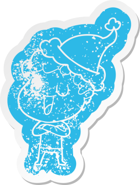 Gülen karikatür. Noel Baba şapkası takan bir adamın insan tarafından çizilmiş çıkartması.