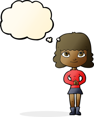 Bir insan tarafından çizilmiş düşünce balonlu mutlu kadın çizgi filmi.