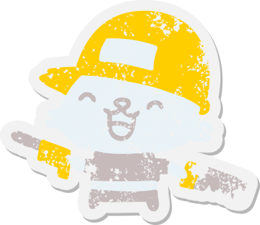 İnsan tarafından çizilmiş grunge çıkartmalı iş şapkalı kedi.