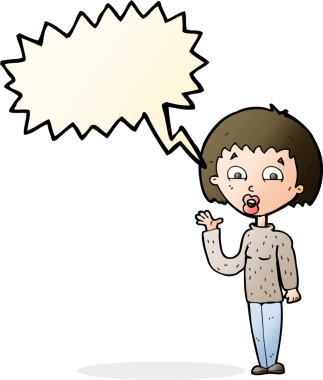 Bir insan tarafından çizilmiş bir konuşma balonuyla el sallayan çizgi film kadını.