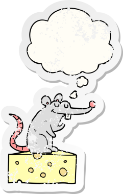 Düşünce baloncuklu peynirin üzerinde oturan çizgi film faresi insan tarafından çizilmiş yıpranmış bir çıkartma gibi.
