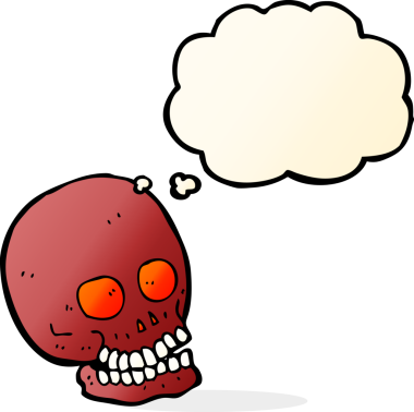 Bir insan tarafından çizilmiş düşünce baloncuklu bir kafatası.