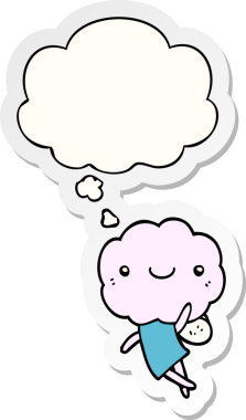 Düşünce baloncuğu olan sevimli bulut kafalı yaratık bir insan tarafından çizilmiş çıkartma gibi.