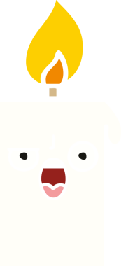 Bir insan tarafından çizilmiş yanan bir mumun düz renkli retro karikatürü