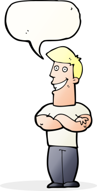 Bir insan tarafından çizilmiş konuşma balonuyla sırıtan çizgi film adamı.