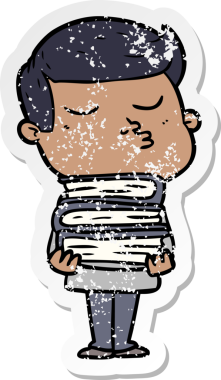 Çizgi film mankeni bir adamın sıkıntılı çıkartması. Bir insan tarafından çizilmiş kitapları tutuyor.