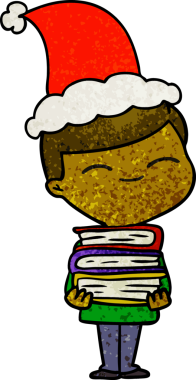 Bir insan tarafından çizilmiş Noel Baba şapkası takan gülümseyen bir çocuğun el çizimi karikatürü.