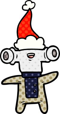 Bir insan tarafından çizilmiş Noel Baba şapkası giymiş bir uzaylının çizgi roman çizimi.