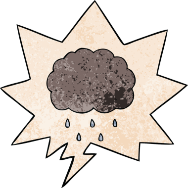 Bir insan tarafından çizilmiş eski dokuda konuşma baloncuğuyla yağmur yağıyor.