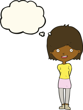 Bir insan tarafından çizilmiş düşünce baloncuğu olan çizgi film dostu kadın.