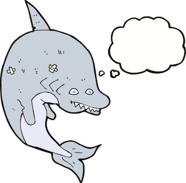 Bir insan tarafından çizilmiş düşünce baloncuklu çizgi film köpekbalığı.