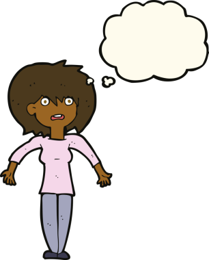 Bir insan tarafından çizilmiş düşünce baloncuğuyla omuz silken çizgi film kadını.