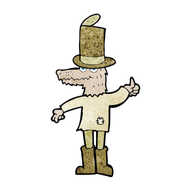 Bir insan tarafından çizilmiş eski elbiseli bir kurt adam.