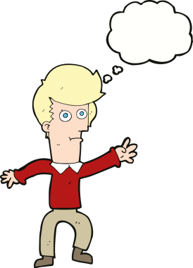 Bir insan tarafından çizilmiş düşünce baloncuğuyla el sallayan çizgi film adamı.