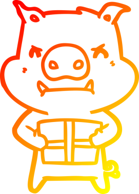 Bir insan tarafından çizilmiş Noel hediyeli kızgın çizgi film domuzu çizimi.