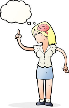 Bir insan tarafından çizilmiş düşünce baloncuğu olan zeki bir fikri olan karikatür kadın.