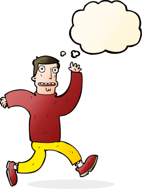 Bir insan tarafından çizilmiş düşünce baloncuğuyla dehşete düşmüş bir adam.