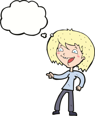 Bir insan tarafından çizilmiş düşünce balonuyla gülen ve işaret eden çizgi film kadını.