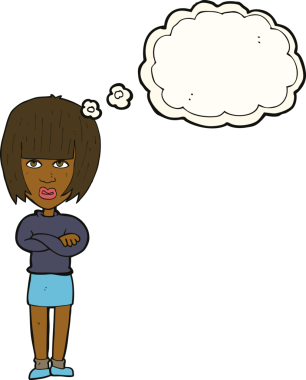 Bir insan tarafından çizilmiş düşünce baloncuğuyla rahatsız bir kadın.