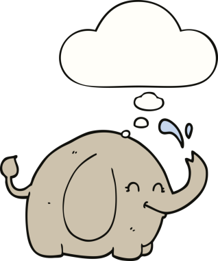 Bir insan tarafından çizilmiş düşünce baloncuklu bir fil.