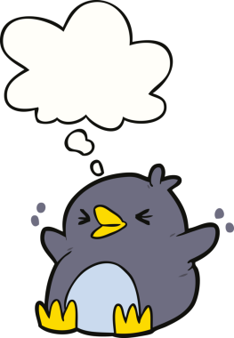 Bir insan tarafından çizilmiş düşünce baloncuklu penguen.