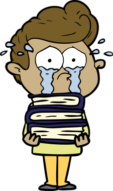 Bir insan tarafından çizilmiş kitap yığınıyla ağlayan bir karikatür öğrencisi