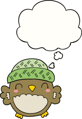 Bir insan tarafından çizilmiş düşünce baloncuklu şapkalı sevimli bir baykuş.