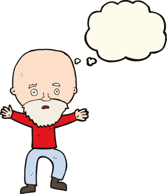 Bir insan tarafından çizilmiş düşünce baloncuğuyla panikleyen yaşlı bir adam.