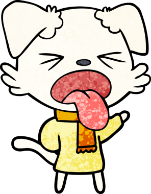 Bir insan tarafından çizilmiş eşarp ve kazak giyen çizgi film köpeği.