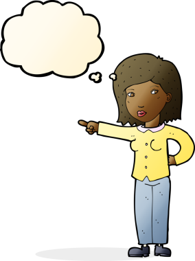 Bir insan tarafından çizilmiş düşünce balonuyla işaret eden çizgi film kadını.