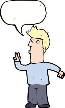 Bir insan tarafından çizilmiş konuşma baloncuğuyla el işareti yapan çizgi film adamı.