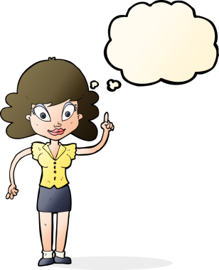 Bir insan tarafından çizilmiş düşünce baloncuğu fikri olan mutlu bir kadın.